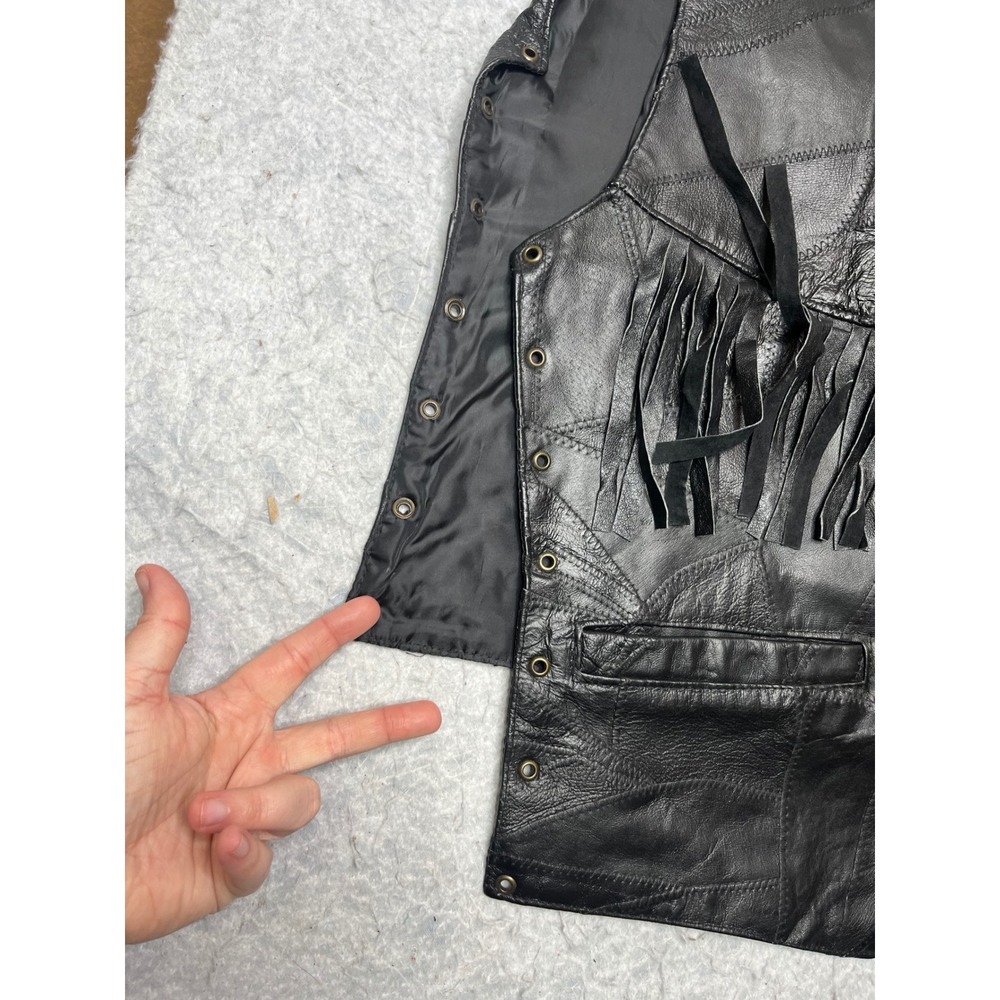 Canyon Creek Mens XL Black Patchwork Leather Fringe Western Biker Vest V-Neck - Picture 2 of 7
